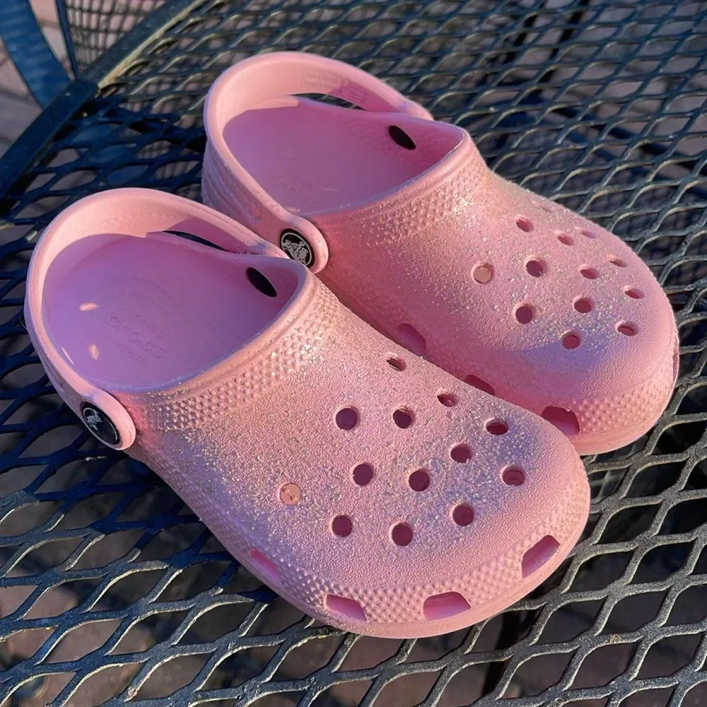 CROCS Unisex-Child Classic Glitter Clogs Kids Sparkly Flamingo Pink Size 12
